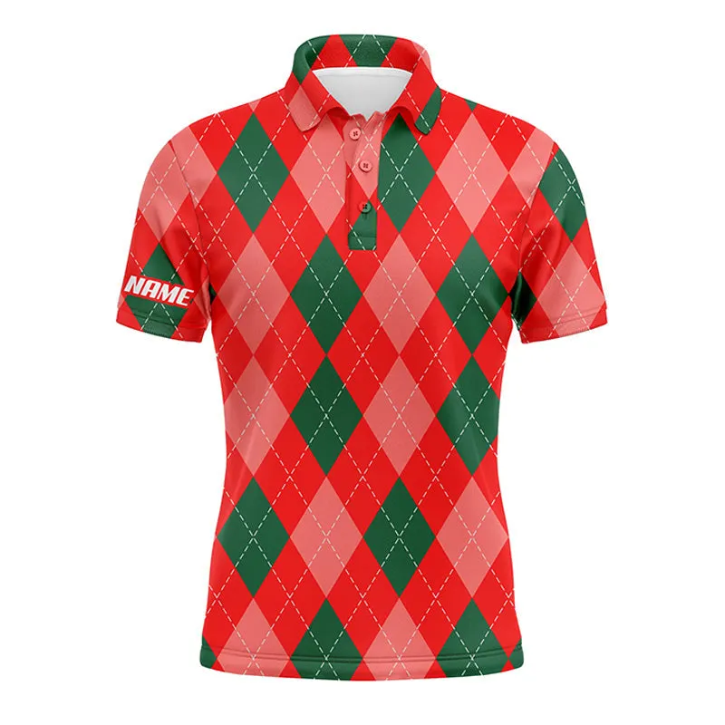 Christmas Plaid Argyle Red Pattern Men Golf Polo Shirts Custom Name Christmas Golf Gifts For Men