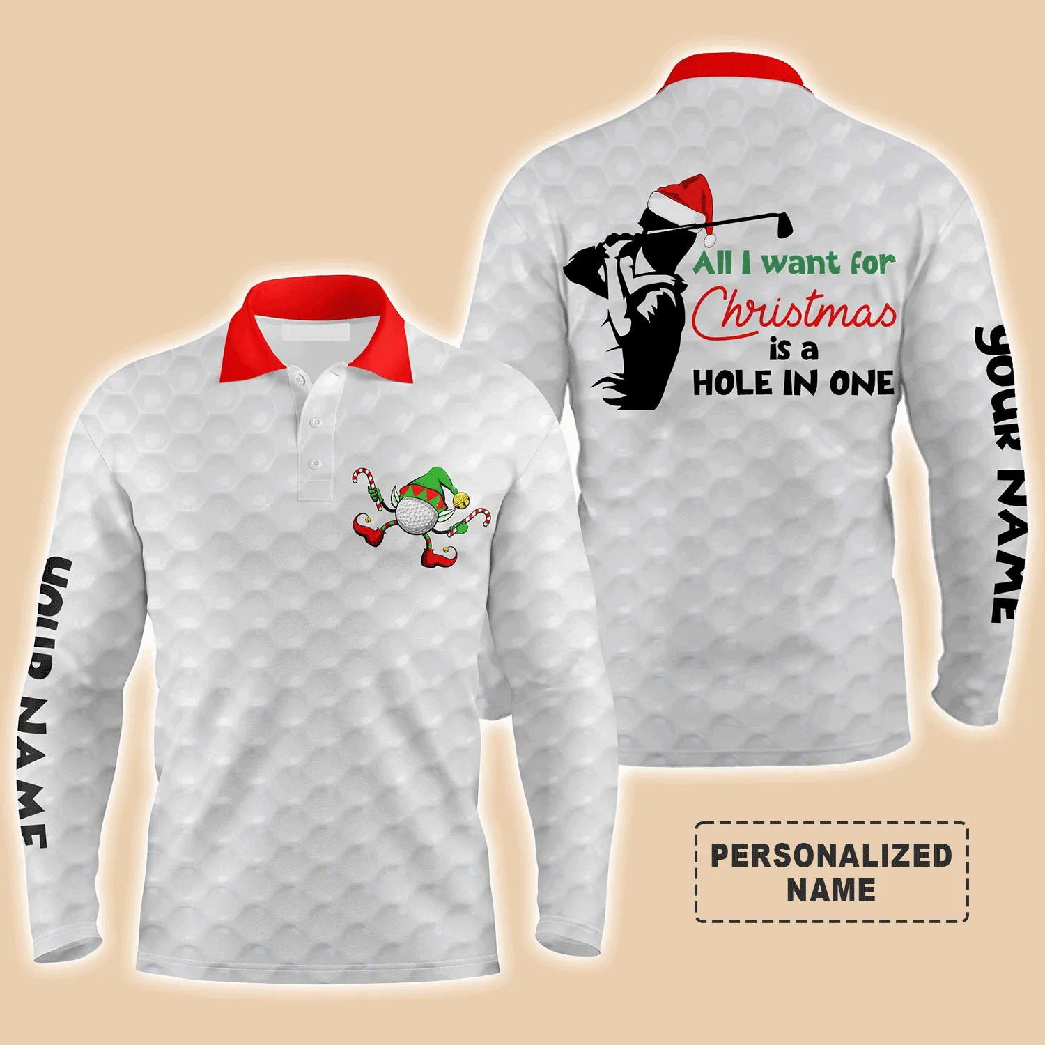 Custom Golf Long Sleeve Men Polo Shirt - Funny Christmas Golf , All I Want For Christmas Is A Hole In One Men Polo Shirt