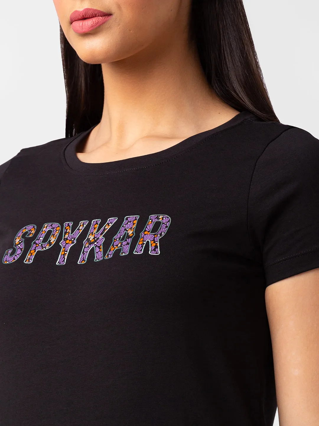 Spykar Women Black Blended Regular Fit Half Sleeve Printed T-Shirts